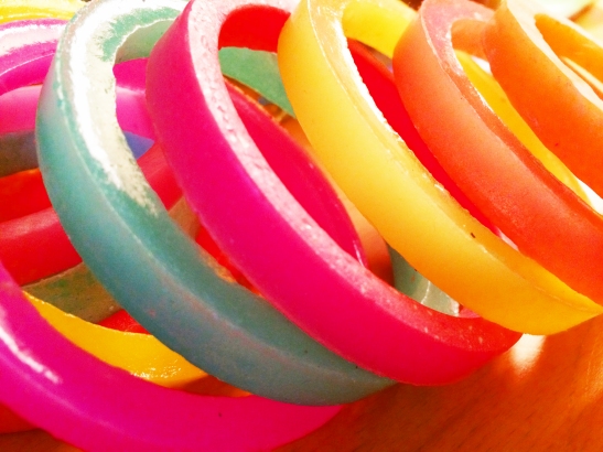 Resin bangles colored with acrylic paint by Kim Taitano